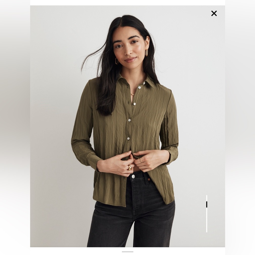 Madewell Olive Green Crinkled Button-Up Shirt